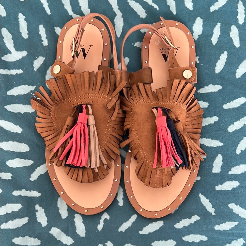 Vanessa Wu Suede Brown Fringe Tassel Thong Sandals